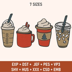 Christmas Embroidery Designs, Christmas Coffee Latte Embroidery, Christmas Drink Cup Embroidery, Christmas Embroidery File, Digital Download