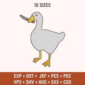 May include: A white goose with a yellow beak and feet holding a knife in its beak. The goose is standing on a white background. The text "10 SIZES" is above the goose. The text "EXP + DST + JEF + PES + PEC VP3 + SHV + HUS + XXX + CSD" is below the goose.