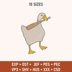 Op de afbeelding: Borduurontwerp van een gans die een honkbalknuppel vasthoudt. De gans is grijs met een gele snavel en poten. De honkbalknuppel is bruin. Het ontwerp is verkrijgbaar in 10 maten en in meerdere borduurbestandsformaten, waaronder EXP, DST, JEF, PES, PEC, VP3, SHV, HUS, XXX en CSD.