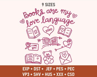 Books Are My Love Language Embroidery Design, Valentine Book Lover Embroidery, Bookish Embroidery, Retro Bookworm Embroidery, Valentine Gift