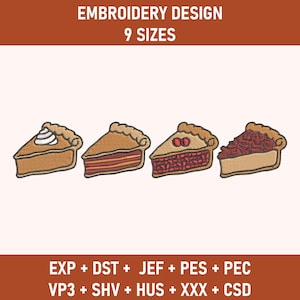 Puede incluir: Un diseño de bordado con cuatro porciones de pastel con diferentes rellenos y coberturas. La imagen incluye el texto "EMBROIDERY DESIGN" y "9 SIZES". Debajo de las porciones de pastel hay abreviaturas de formatos de archivo.