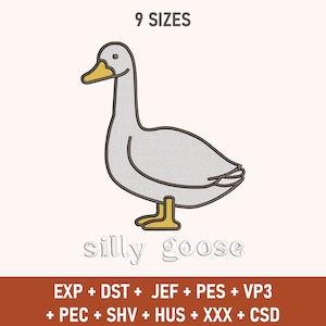 May include: A white goose with a yellow beak and feet. The goose is standing on a white background. The text "silly goose" is written below the goose in a white, 3D font. The text "EXP + DST + JEF + PES + VP3 + PEC + SHV + HUS + XXX + CSD" is written below the goose in a brown font.