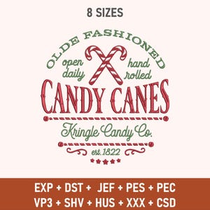 Candy Canes Embroidery, Retro Christmas Embroidery, Kringle Candy, Christmas Candy Embroidery, Christmas Embroidery, Xmas Embroidery Design