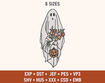 Floral Ghost Embroidery Design, Halloween Embroidery Design, Ghost Embroidery, Floral Embroidered File, Digital Download, Embroidery Design