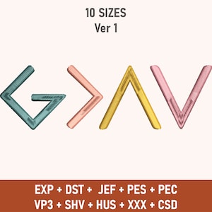 May include: An embroidered design featuring the letters GAV in teal, pink, and gold. The text "10 SIZES Ver 1" is above the letters. Below the letters are embroidery file formats: EXP, DST, JEF, PES, PEC, VP3, SHV, HUS, XXX, and CSD.