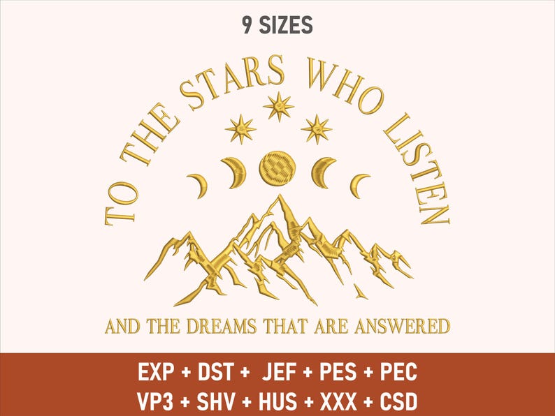 Puede incluir: Dise&ntilde;o de bordado dorado con una cordillera de monta&ntilde;as con estrellas y lunas, y el texto "To the stars who listen and the dreams that are answered".