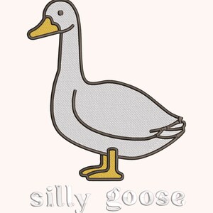 May include: A cartoon illustration of a gray goose with a yellow beak and feet. The goose is standing on a white background with the text "silly goose" below it.