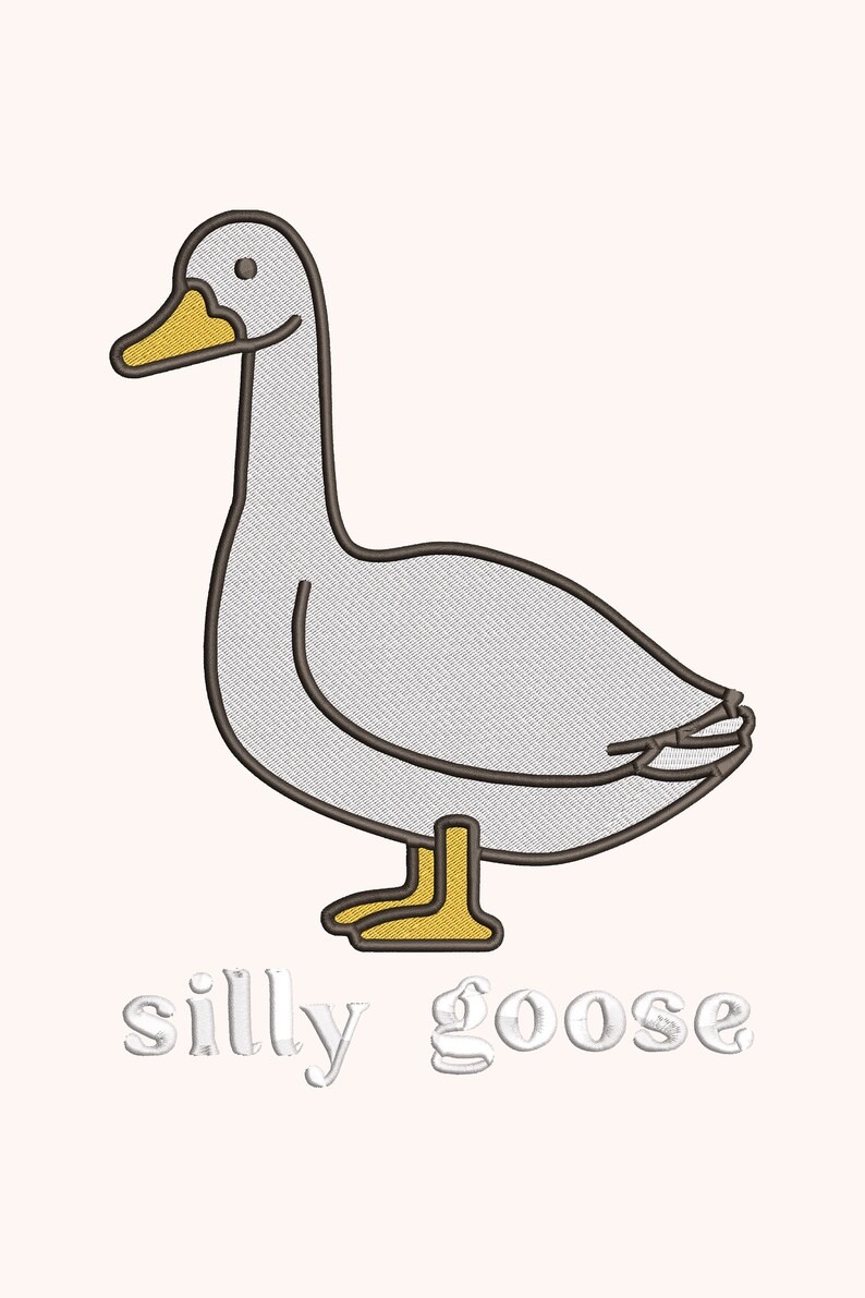 May include: A cartoon illustration of a gray goose with a yellow beak and feet. The goose is standing on a white background with the text "silly goose" below it.