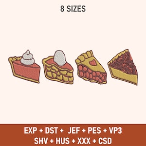 Puede incluir: Cuatro diseños bordados diferentes de porciones de pastel, que incluyen calabaza, manzana, cereza y nuez pecana. Los diseños están disponibles en ocho tamaños y en múltiples formatos de archivos de bordado, incluidos EXP, DST, JEF, PES, VP3, SHV, HUS, XXX y CSD.