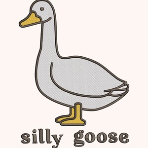 May include: A cartoon illustration of a gray goose with a yellow beak and feet. The text "silly goose" is written below the goose.