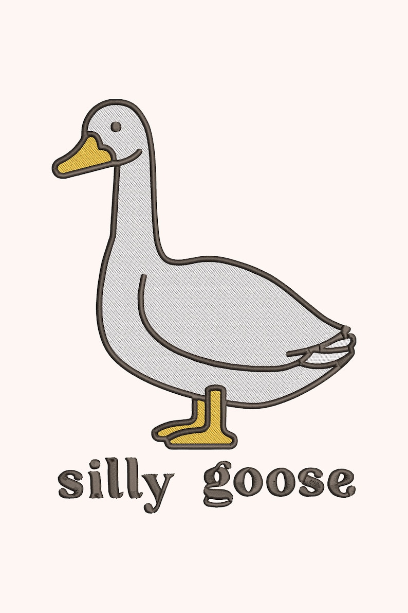 May include: A cartoon illustration of a gray goose with a yellow beak and feet. The text "silly goose" is written below the goose.