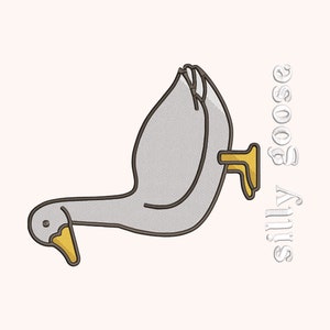May include: A cartoon illustration of a gray goose with a yellow beak and feet. The goose is looking down and the text "Silly Goose" is written vertically on the right side of the image.