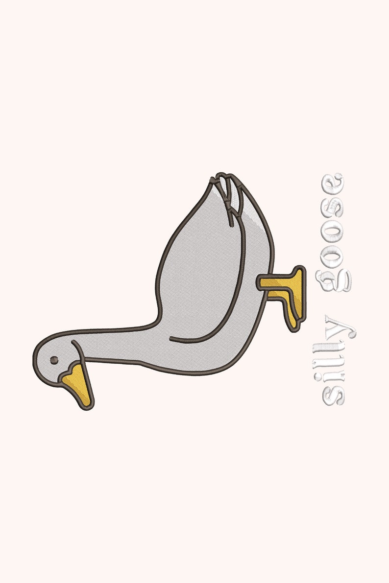 May include: A cartoon illustration of a gray goose with a yellow beak and feet. The goose is looking down and the text "Silly Goose" is written vertically on the right side of the image.