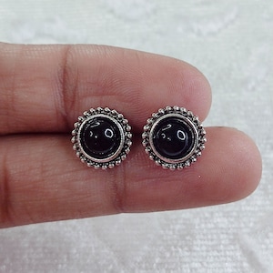 Round Black Onxy Sterling Silver Stud Earrings - 9 mm, Black Round Stone Mini Stud Earrings