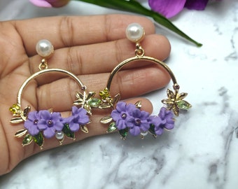 Purple Flower Hoop Earrings: Pearl Bead Bridal Dangle Earrings