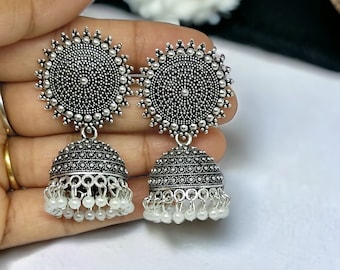 Bollywood Oxidized Silver Plated Light Weight White Pearl Drop Jhumka/ Jhumki Earrings/ Anniversary Earrings