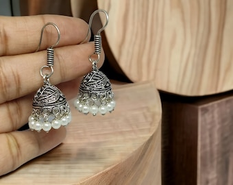 Oxidized Silver Jhumka Earrings: Indian Wedding Dangle Jewelry