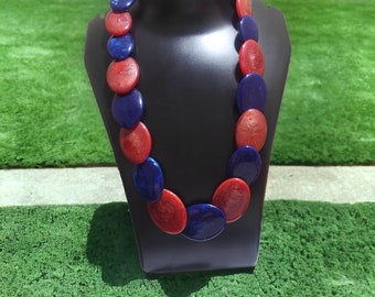 Chunky Resin Statement Necklace: Blue and Brown Oval Beads