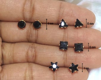 Black CZ Earrings, 6mm Stud Pair in Round, Triangle, Square, or Star