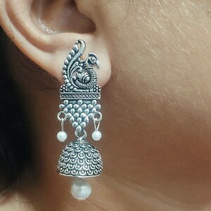 Peacock Style Stud Earrings - Mayur EarringElegant - Oxidized Silver Plated Jhumka Earrings - Indian Inspired Jewelry