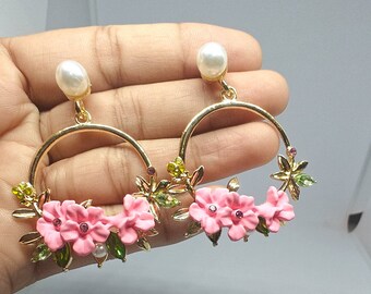 Pink Flower Hoop Earrings with Pearl Beads: Bridal Wedding Jewelry