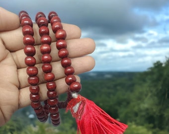 May include: A red wooden mala bead necklace with a red tassel. The necklace is held in a hand against a blurred background of a cloudy sky and green trees.