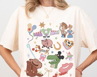 Retro Toy Story-shirt, shirt Woody Buzz Jessie, shirt personage badge, shirt schattig speelgoed, shirts familie-uitje 2025