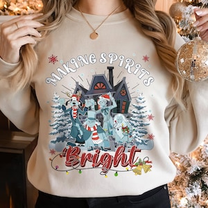 Retro Making Spirits Bright Christmas Sweatshirt, Christmas Light Shirt Hitchhiking Ghosts Haunted Mansion Shirt
