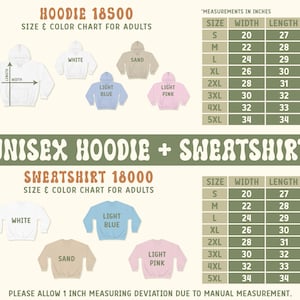 Pode incluir: Tabela de tamanhos e cores para hoodies e sweatshirts unissexo. A tabela inclui medidas em polegadas para os tamanhos S a 5XL. As cores incluem branco, areia, azul claro e rosa claro. O texto "HOODIE 18500" e "SWEATSHIRT 18000" tamb&eacute;m &eacute; vis&iacute;vel.