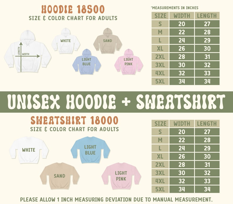 Pode incluir: Tabela de tamanhos e cores para hoodies e sweatshirts unissexo. A tabela inclui medidas em polegadas para os tamanhos S a 5XL. As cores incluem branco, areia, azul claro e rosa claro. O texto "HOODIE 18500" e "SWEATSHIRT 18000" tamb&eacute;m &eacute; vis&iacute;vel.