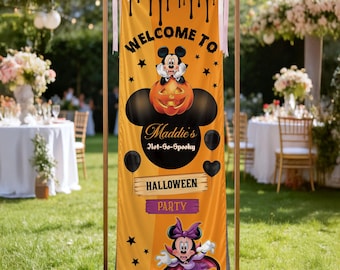 Disney Mickey Minnie Halloween Party Banner, Pumpkin Welcome Sign, Kids Halloween Birthday Decor