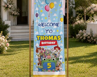 Toy Story Birthday Banner, Personalized Name and Age Party Welcome Sign, Kids Cartoon Birthday Backdrop
