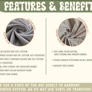 Pode incluir: Imagem mostrando detalhes e caracter&iacute;sticas do tecido. Inclui close-ups de amostras de tecido cinza e bege, rotuladas como "GILDAN 5000" e "COMFORT COLORS 1717". O texto destaca o conte&uacute;do de algod&atilde;o, costuras e detalhes das costuras. O texto tamb&eacute;m menciona o uso de uma impressora direta para vestu&aacute;rio.