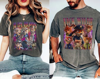 Koszulka dla par z motywem Judy Hops i Nicka Wilde'a, prezent walentynkowy, modny t-shirt unisex, Zootopia 2 2025, prezent na wakacje w Disneylandzie 2025