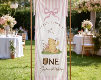 Personalized Winnie the Pooh First Birthday Banner, Pink Bow Hunny One Party Backdrop, Girl 1st Birthday Decor
