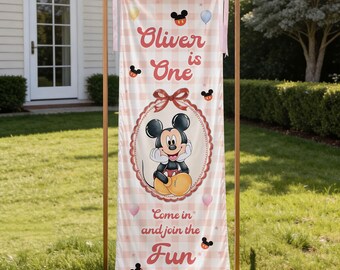 Pink Mouse First Birthday Banner, Personalized One Year Old Party Sign, Cute Gingham Birthday Welcome Decor