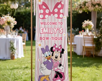 Personalized Minnie Daisy Birthday Banner, Pink Bowtique Party Backdrop, Custom Name Girls Birthday Decor