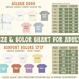 Pode incluir: Uma tabela de tamanhos e cores para camisetas unissex para adultos. A tabela inclui medidas em polegadas para as camisas Gildan 5000 e Comfort Colors 1717. As cores incluem branco, natural, cinza desportivo, rosa claro, azul claro, marfim, manteiga, menta giz, inhame, orqu&iacute;dea e violeta.