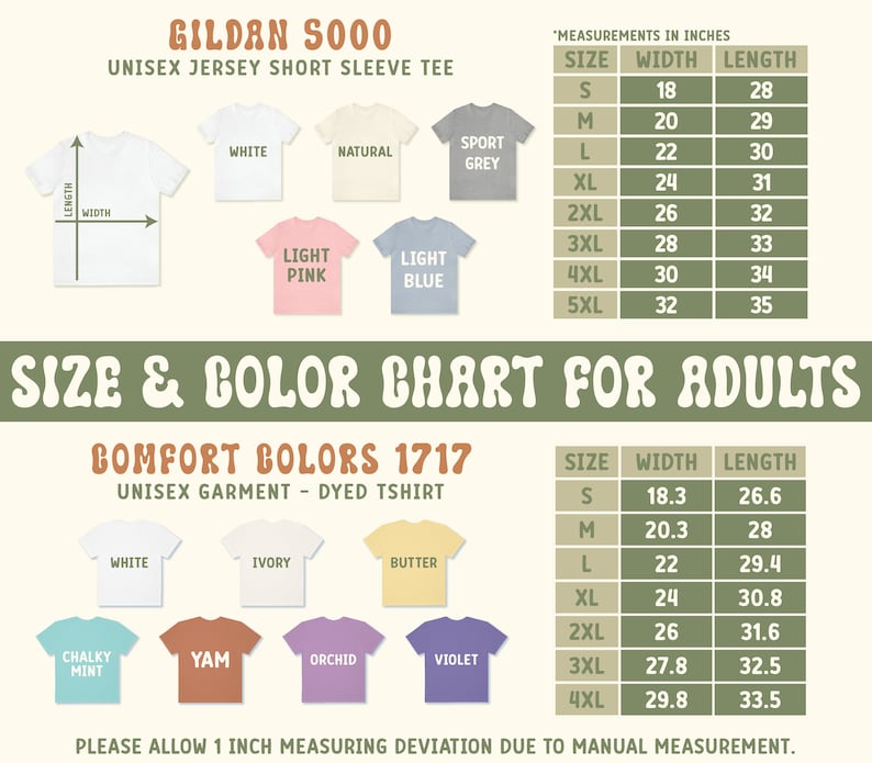 Pode incluir: Uma tabela de tamanhos e cores para camisetas unissex para adultos. A tabela inclui medidas em polegadas para as camisas Gildan 5000 e Comfort Colors 1717. As cores incluem branco, natural, cinza desportivo, rosa claro, azul claro, marfim, manteiga, menta giz, inhame, orqu&iacute;dea e violeta.