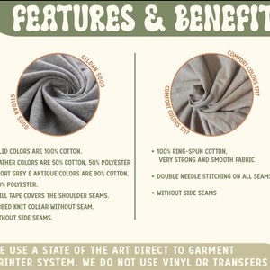 May include: Image showcasing fabric details and features. Includes close-ups of gray and beige fabric samples, labeled "GILDAN 5000" and "COMFORT COLORS 1717." Text highlights cotton content, stitching, and seam details. The text also mentions the use of a direct to garment printer.