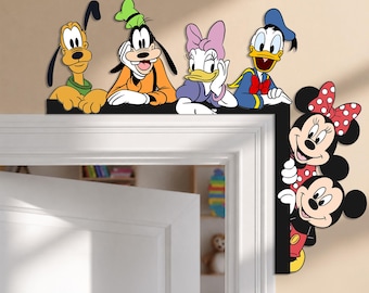Disney Mickey and Friends Door Corner Sign, Peeking Wooden Door Topper, Kids Room Decor, Birthday Gift