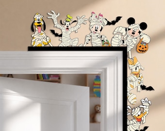 Mickey and Friends Halloween Door Corner Sign, Mummy Wooden Door Topper, Spooky Kids Room Decor