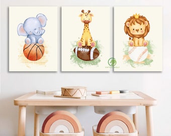 Animal Sport Nursery Print, Watercolor Safari Animal Nursery Wall Art, Sports Kids Room Decor, Kids Wall Art, Baby Shower Gift