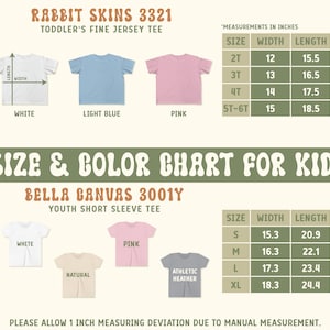 Pode incluir: Tabela de tamanhos e cores para camisetas infantis. A tabela inclui medidas em cent&iacute;metros para camisetas Rabbit Skins e Bella Canvas. Cores: branco, azul claro, rosa, natural e athletic heather. Tamanhos: 2T a XL.