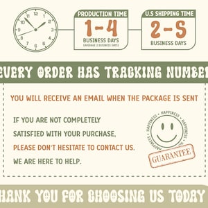 Pode incluir: Uma imagem com texto e gr&aacute;ficos. Um rel&oacute;gio mostra a hora. O texto diz "Tempo de produ&ccedil;&atilde;o 1-4 dias &uacute;teis" e "Tempo de envio para os EUA 2-5 dias &uacute;teis". Outro texto inclui "Cada pedido tem n&uacute;mero de rastreamento" e "Obrigado por nos escolher hoje."
