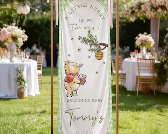 Winnie the Pooh Baby Shower Banner, Hunny Bear Fabric Welcome Sign, Personalized Green Gingham Backdrop