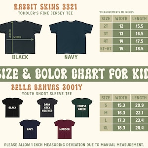 May include: Size and color chart for kids' t-shirts. Includes measurements in inches for Rabbit Skins 3321 toddler tees and Bella Canvas 3001Y youth short sleeve tees. Colors include black, navy, dark grey heather, forest green, and maroon.