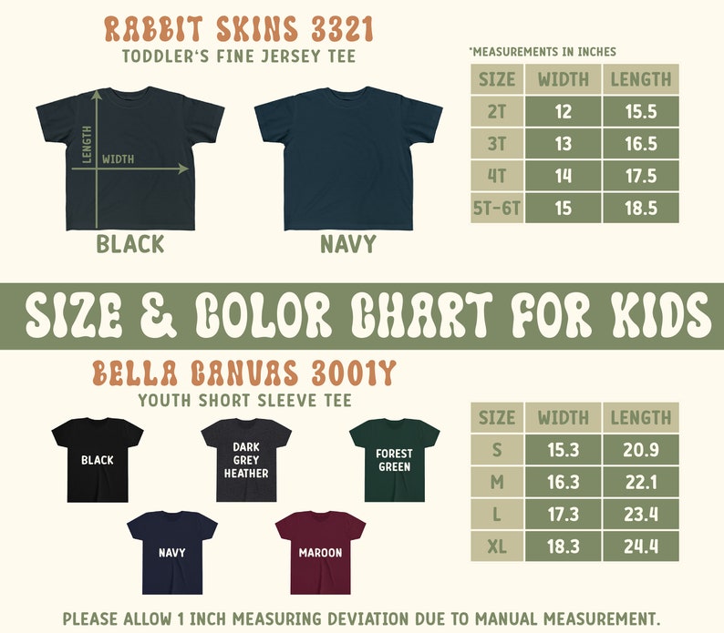 May include: Size and color chart for kids' t-shirts. Includes measurements in inches for Rabbit Skins 3321 toddler tees and Bella Canvas 3001Y youth short sleeve tees. Colors include black, navy, dark grey heather, forest green, and maroon.