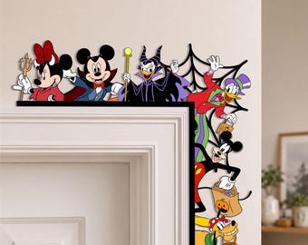 Disney Mickey Minnie Halloween Door Corner Sign, Personalized Name Wooden Door Topper, Spooky Castle Halloween Decor