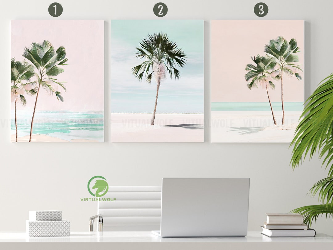 Watercolor Sun Beach Palm Tree Canvas Wall Art, Pink Beach Wall Art ...